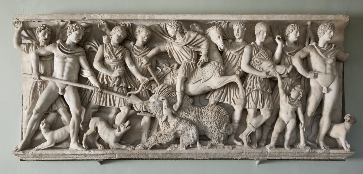 Sarcophagus panel with the Calydonian boar hunt, Roman, AD 280-90, marble