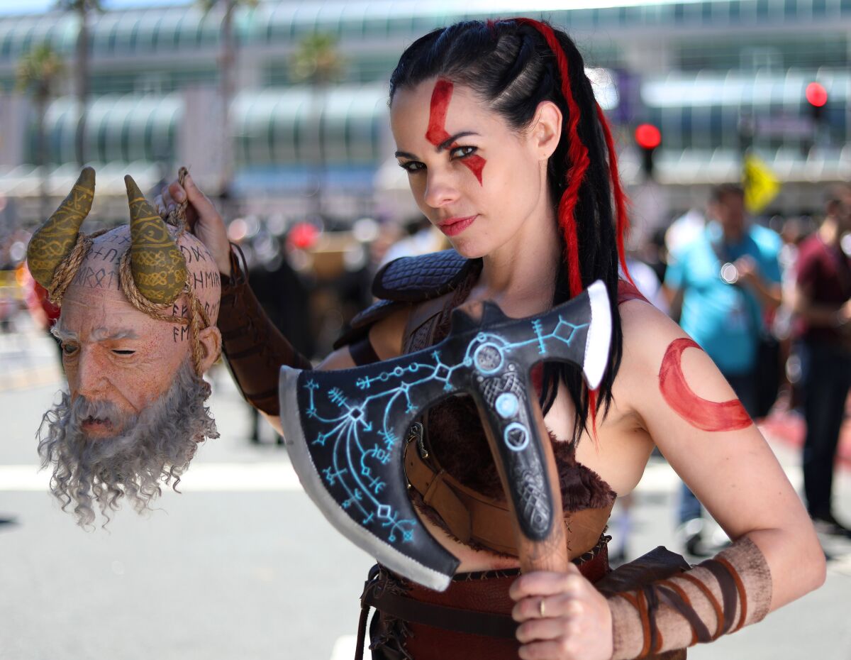 Jacqueline Martinez of Los Angeles dressed as video game character Kratos at Comic-Con International in San Diego on July 19, 2019.