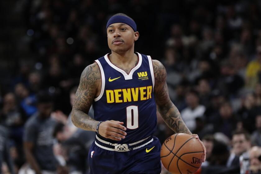 Denver Nuggets guard Isaiah Thomas (0) during the first half of an NBA basketball game against the San Antonio Spurs, in San Antonio, Tuesday, March 5, 2019. (AP Photo/Eric Gay)