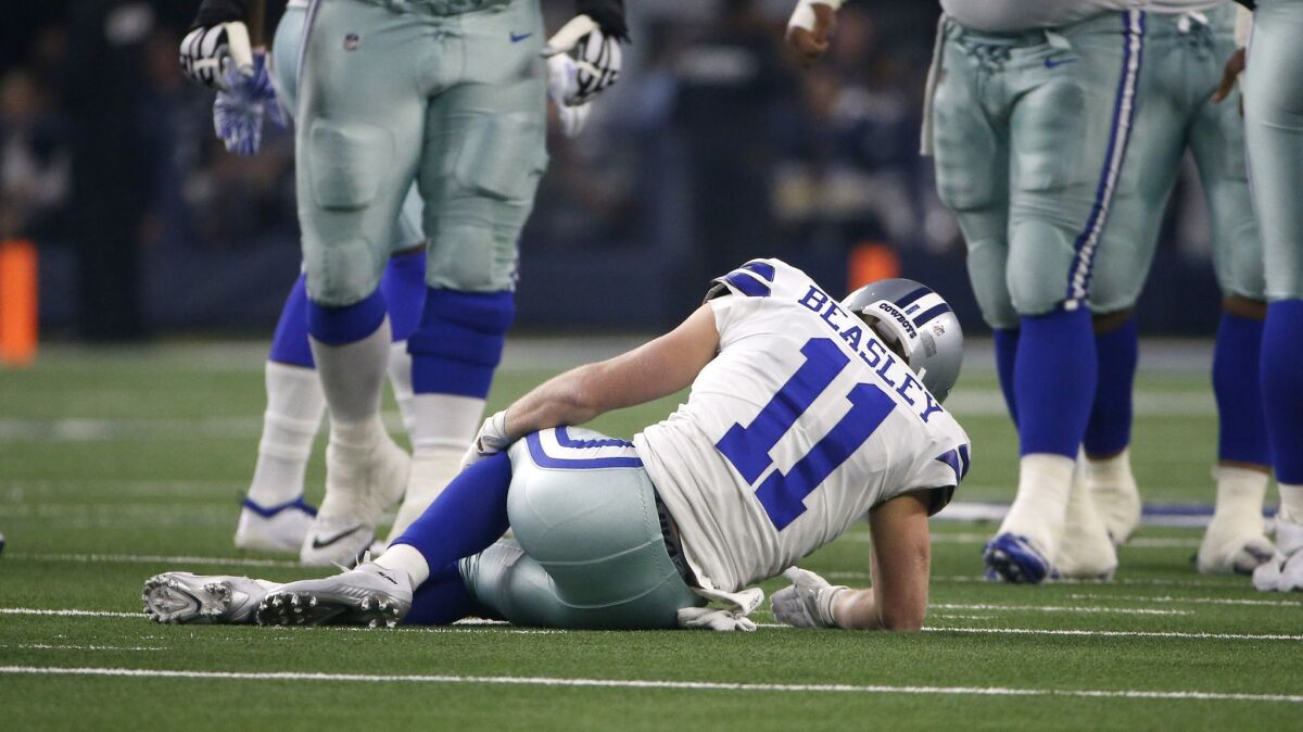 Cowboys wide receiver Cole Beasley lays on the field with an injury after making a catch during last week's NFC wild-card NFL football game against the Seahawks.