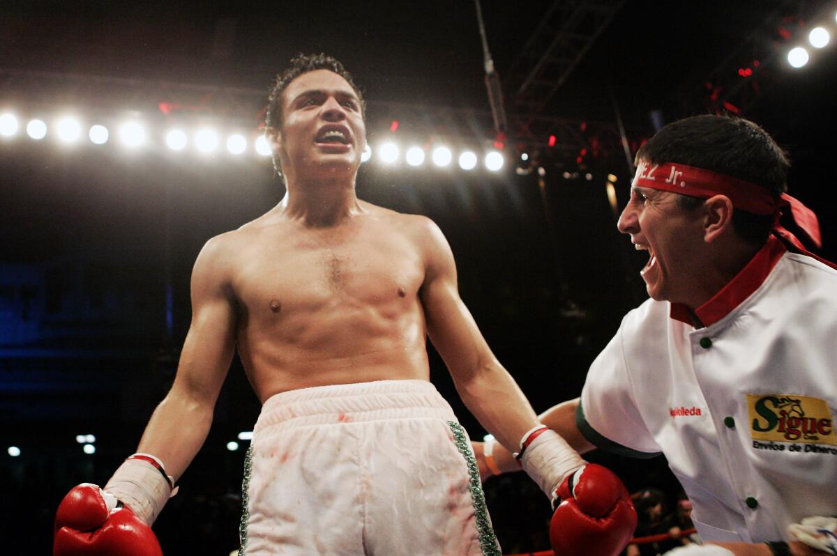 Julio Cesar Chavez, Jr., from Mexico, reacts after stopping Albuquerque native Ray Sanchez III.