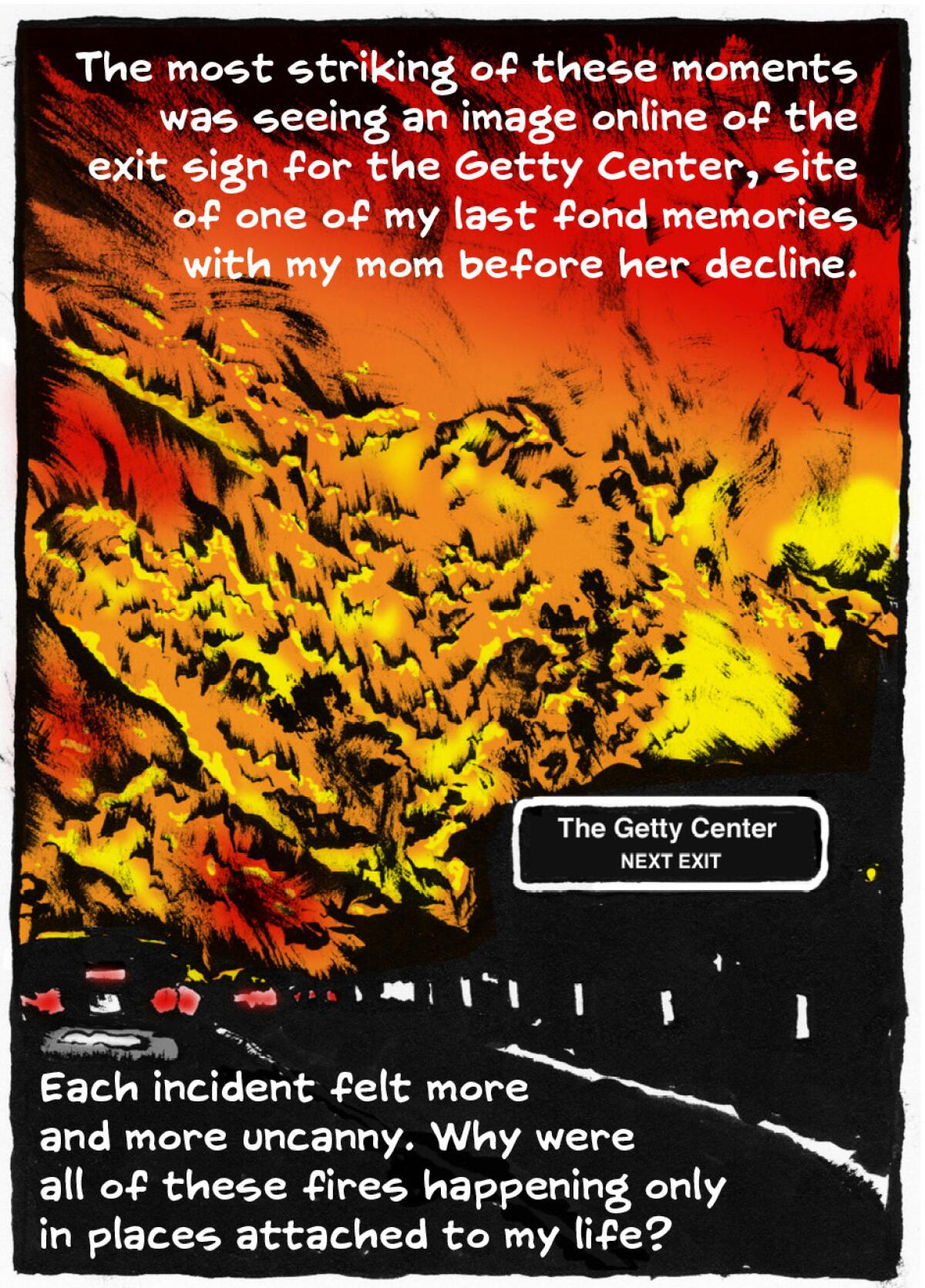 Illustration of the hills on fire around the Getty Center