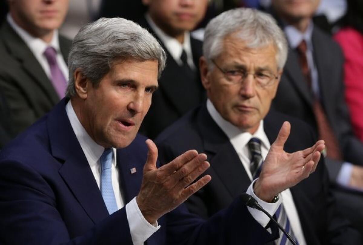 Secretary of State John F. Kerry, left, and Defense Secretary Chuck Hagel at a hearing of the Senate Foreign Relations Committee on Syria.