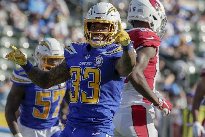 CARSON, CA, SUNDAY, NOVEMBER 25, 2018 - Chargers safety Derwin James celebrates after making a tackle against the Arizona Cardinals at StubHub Center.(Robert Gauthier/Los Angeles Times)