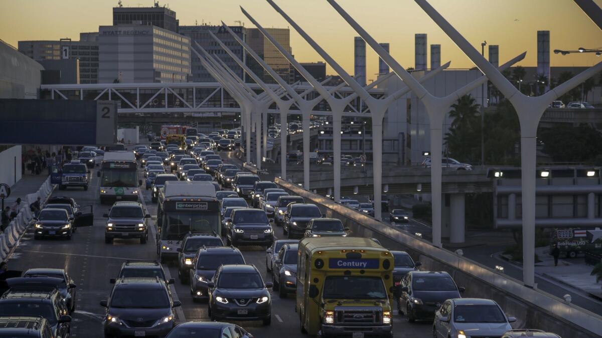 Traffic at LAX backs up in this Nov. 22, 2017, file photo. Officials were expecting gridlock in and around the airport on Sunday following the Thanksgiving holiday.