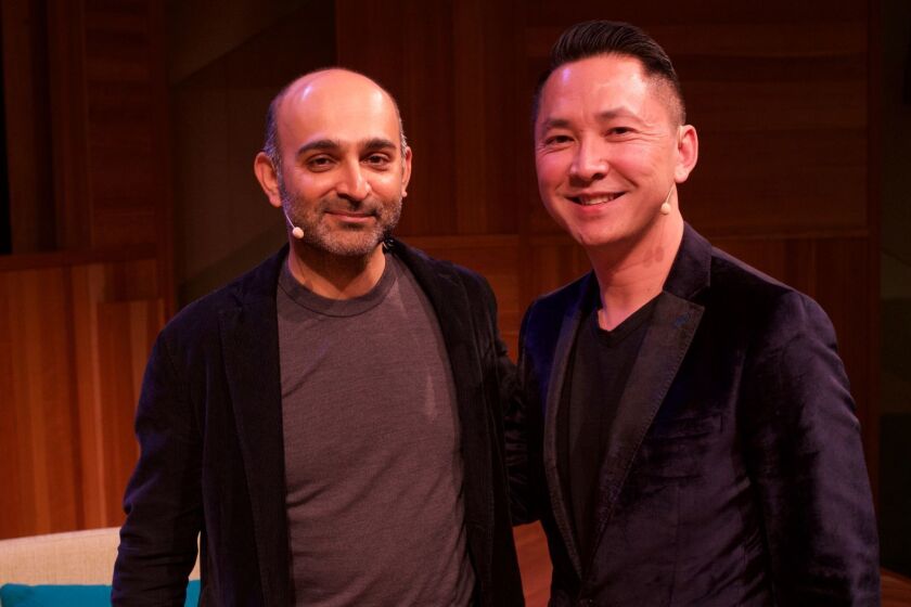 (L-R) - Mohsin Hamid and Viet Thanh Nguyen on the set of "Aloud." Among Critic at large Viet Thanh Nguyen's many accomplishments is his acclaimed short story collection "The Refugees." In April he spoke to Mohsin Hamid, whose novel "Exit West" was a finalist for the Man Booker Prize and winner of the LA Times book prize for fiction, at the L.A. Public Library's ALOUD series in April. This is an edited excerpt of that conversation. Credit: Gary Leonard
