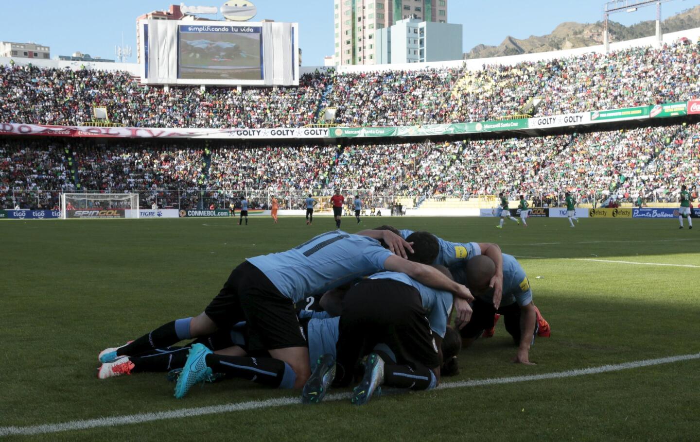 Players of Uruguay celebrate their team's second goal after teammate Diego Godin scored against Bolivia during their 2018 World Cup qualifying soccer match at the Hernando Siles Stadium in La Paz, Bolivia October 8, 2015. REUTERS/David Mercado ** Usable by SD ONLY **