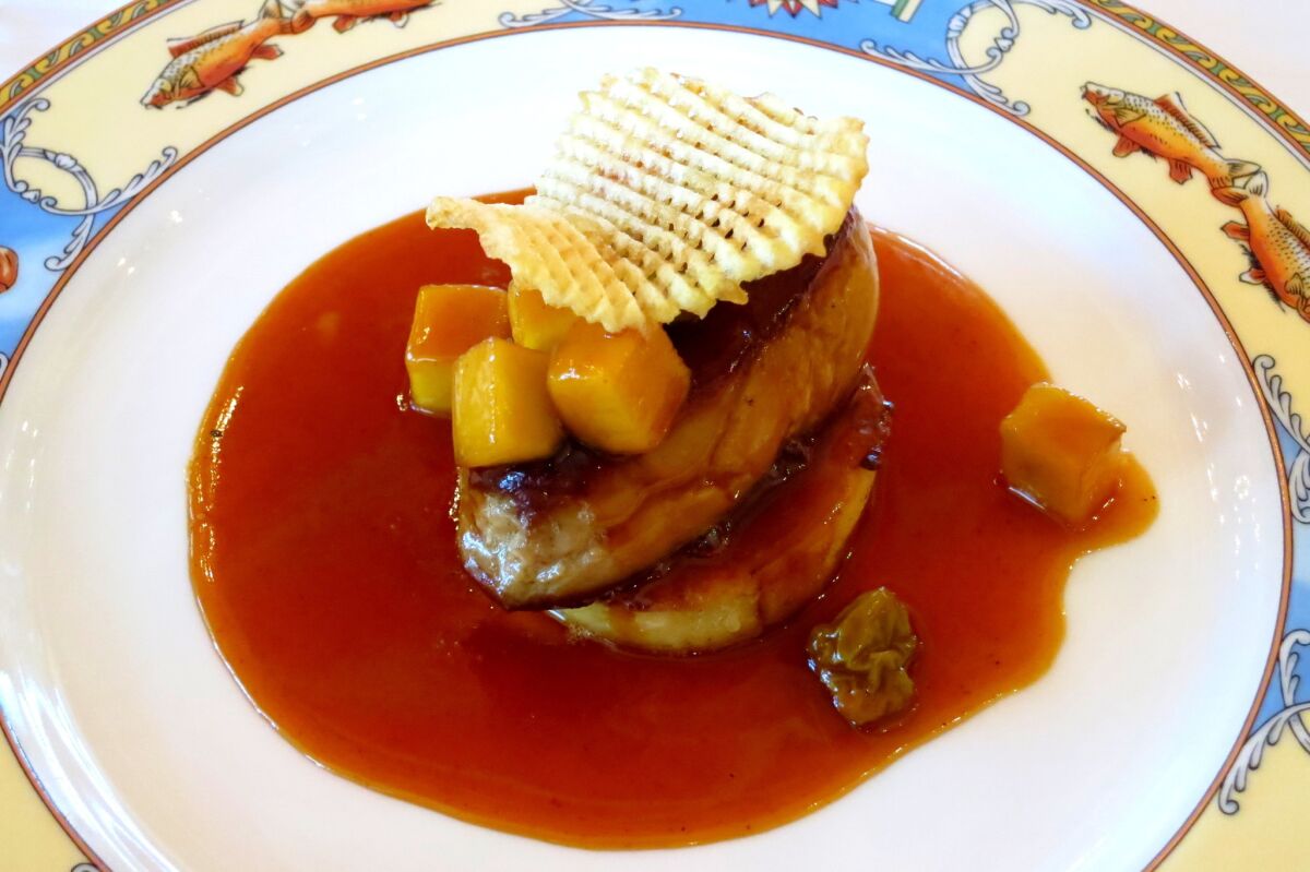 Duck foie gras with passion fruit sauce -- a preparation that will not be seen on California restaurant menus.