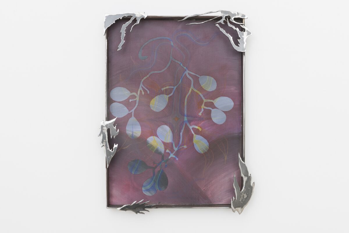 “Picnic at the Garden” by ASMA, 2019. Acrylic, colored pencils, dry pastel on brass with steel frame, 14.5 inches by 10.5 inches.