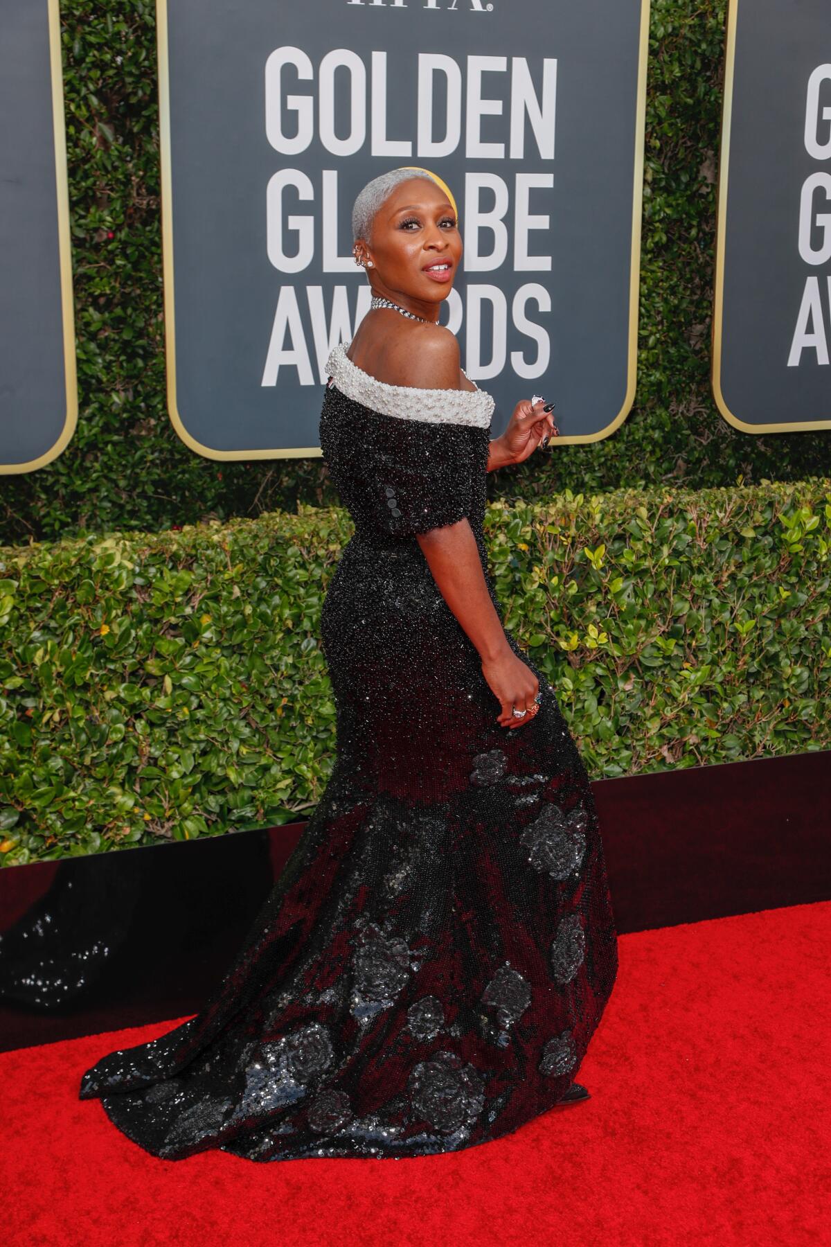 Cynthia Erivo chose custom Thom Browne for the 77th Golden Globe Awards at the Beverly Hilton.