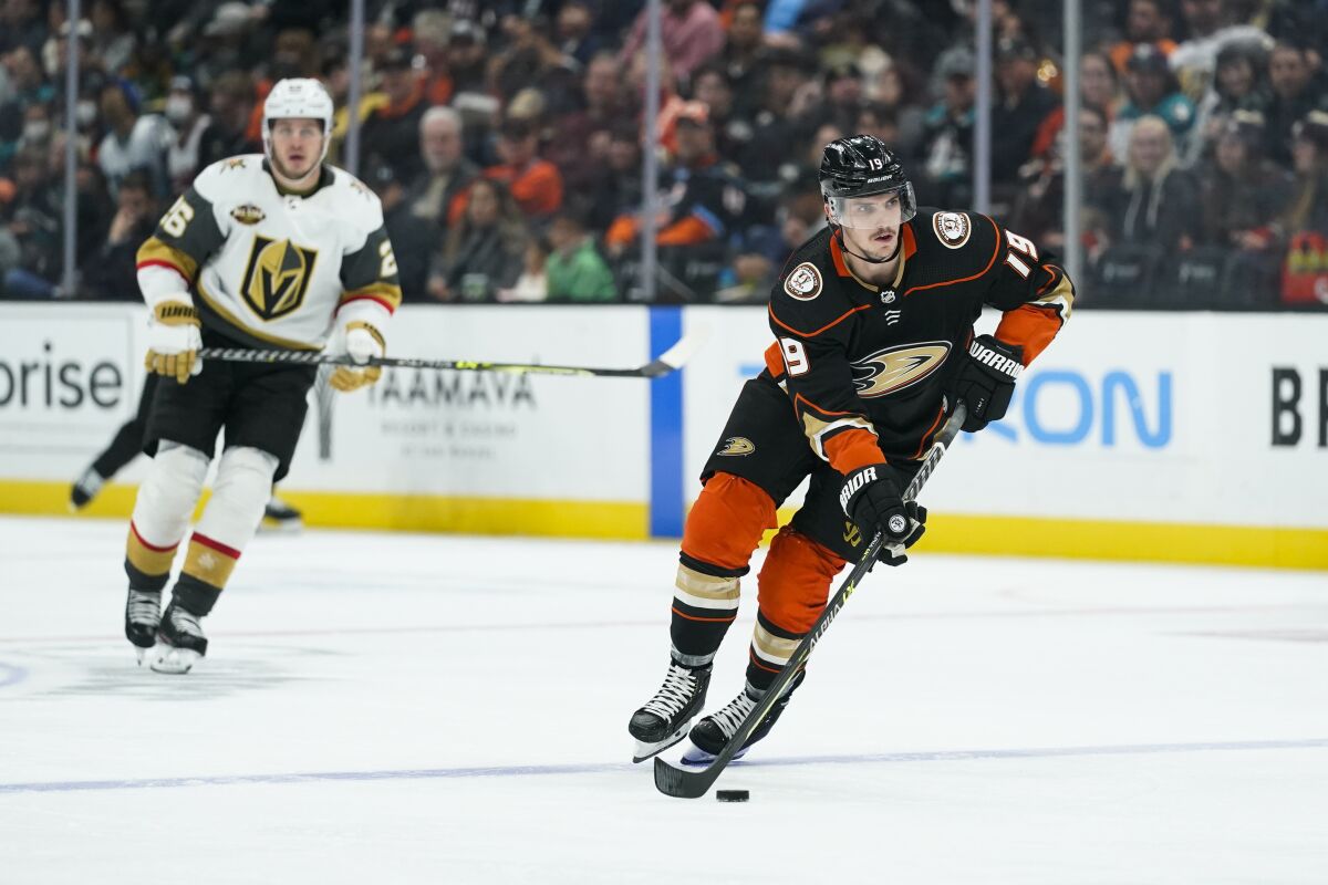 Ducks' Troy Terry moves the puck during the second period against the Vegas Golden Knights.