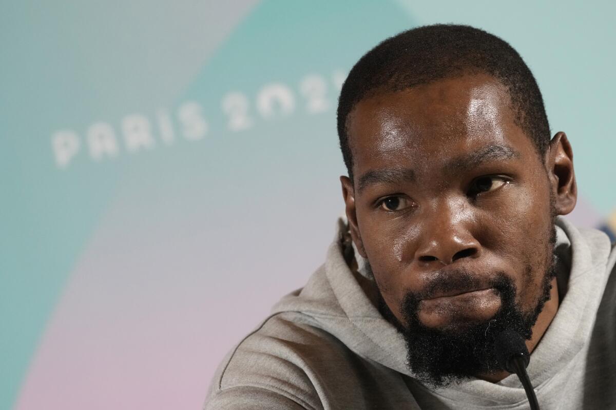 U.S. men's basketball player Kevin Durant attends a news conference on Thursday.