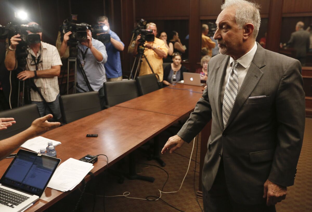 Attorney Mark Geragos, seen during an October 2015 news conference, has been implicated in the federal prosecution of another celebrity litigator, Michael Avenatti.