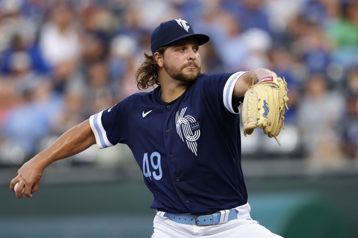 Kansas City Royals pitcher Jonathan Heasley delivers to a Baltimore Orioles batter during the first inning of a baseball game in Kansas City, Mo., Friday, June 10, 2022. (AP Photo/Colin E. Braley)