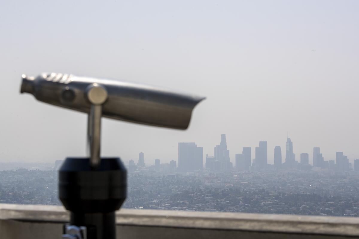 Hazy skies over the Los Angeles Basin in a view from the Griffith Observatory.