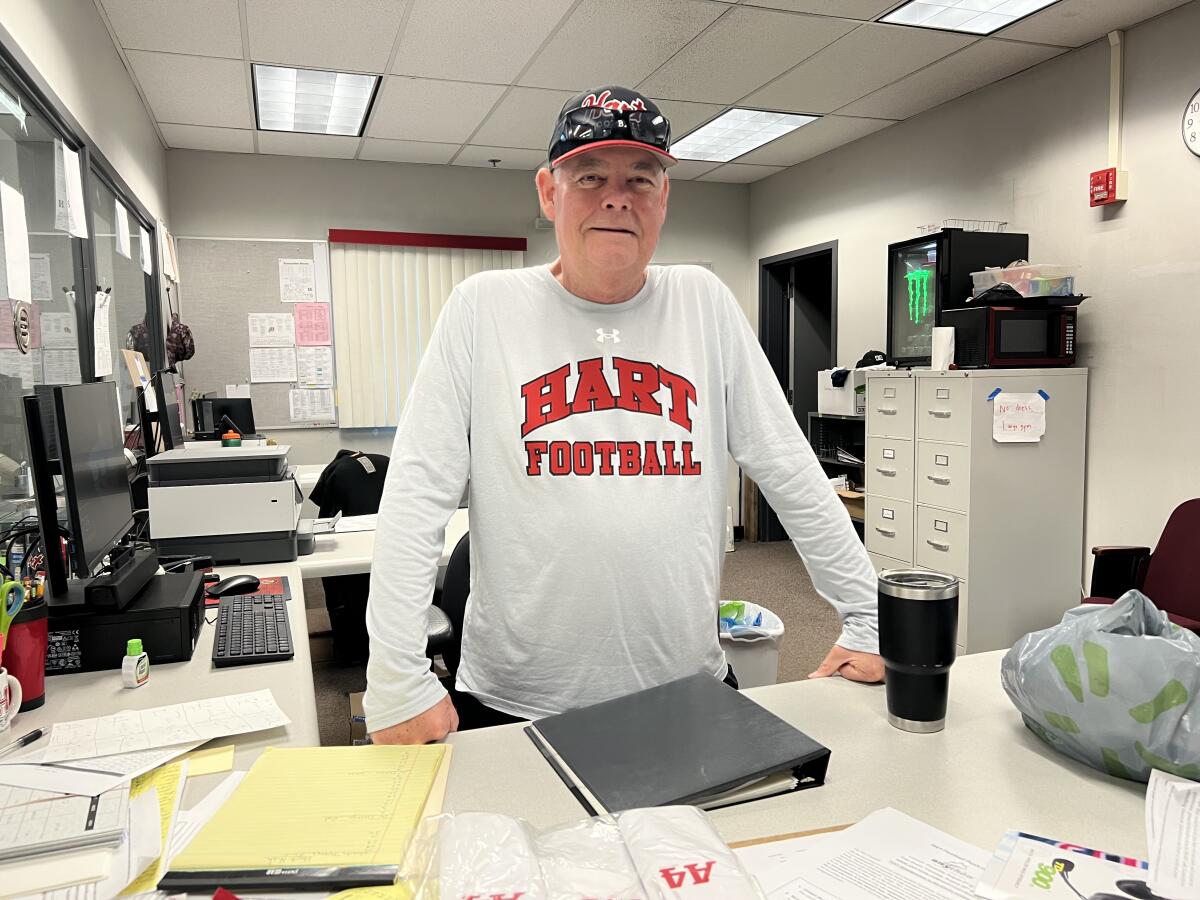 Football coach Rick Herrington poses in his office at Hart High.