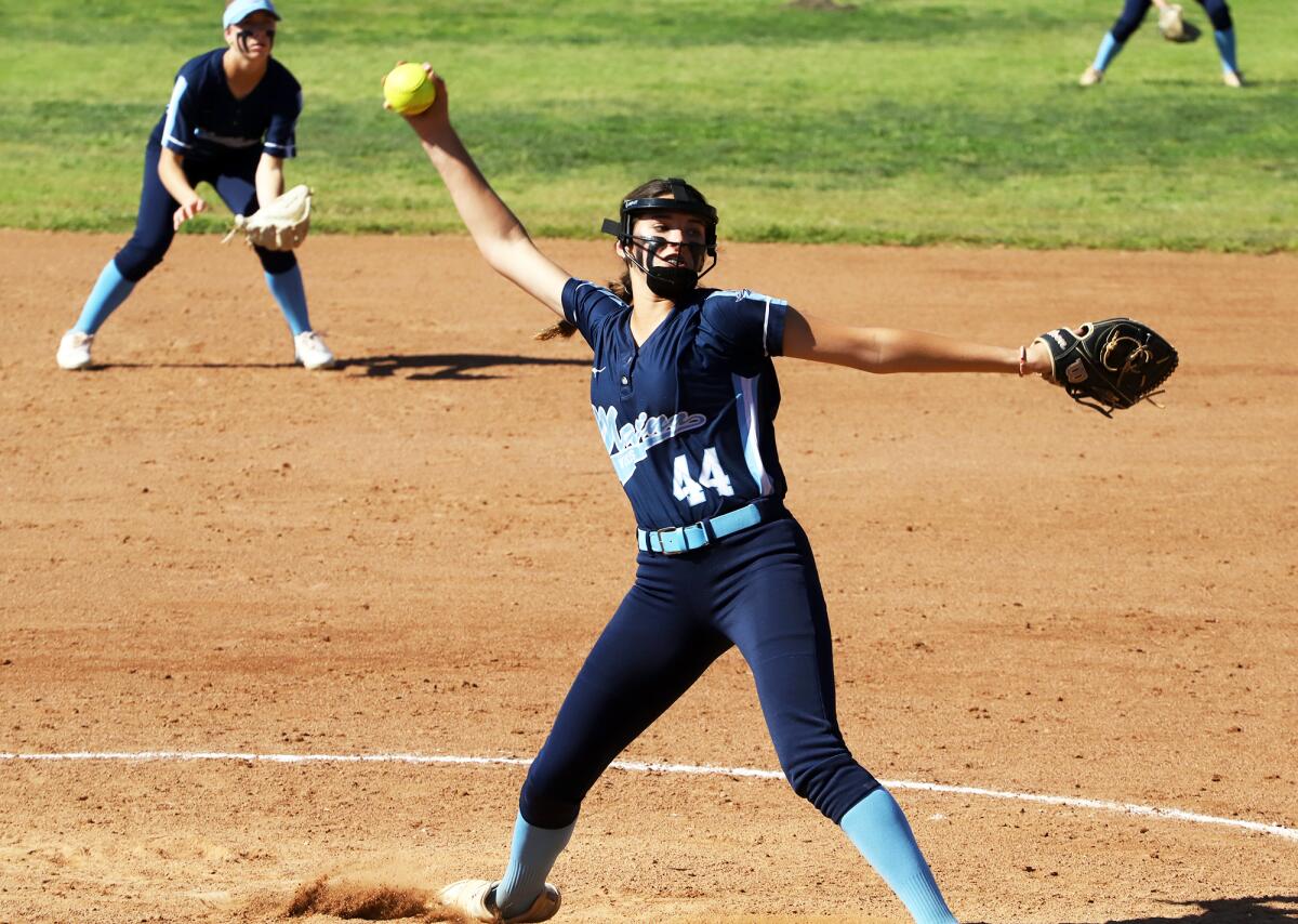 Marina's Mia Valbuena (44), seen against Saint Francis last April, struck out 22 batters across two games on Wednesday.