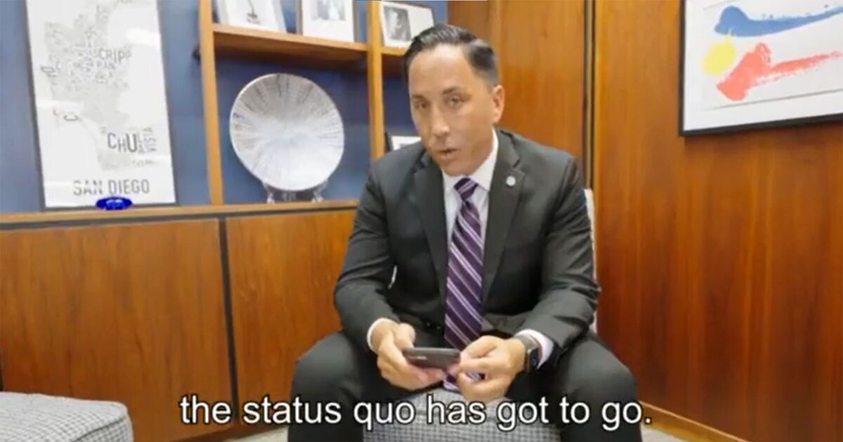 A screenshot from a video of San Diego Mayor Todd Gloria lip-synching about city issues.