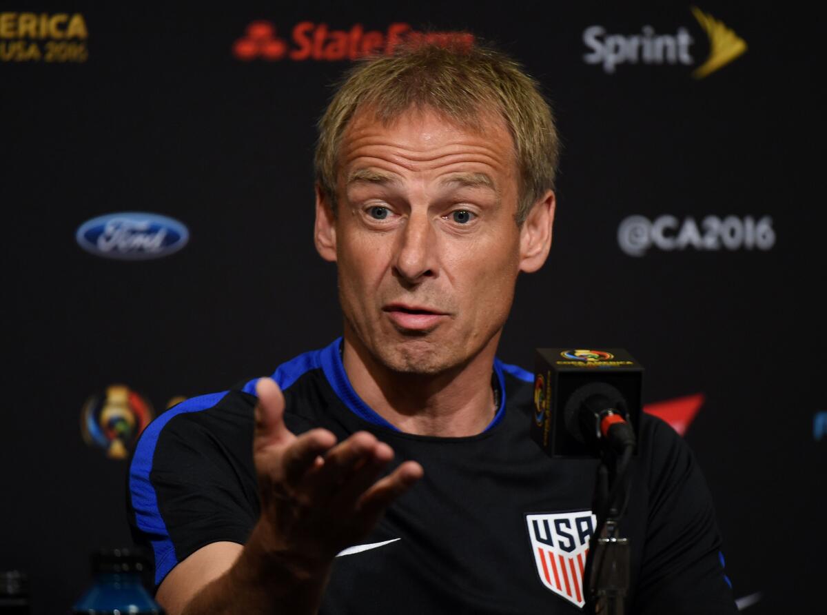 United States Coach Jurgen Klinsmann talks to the media before their opening Copa America 2016 match against Columbiaon June 2.