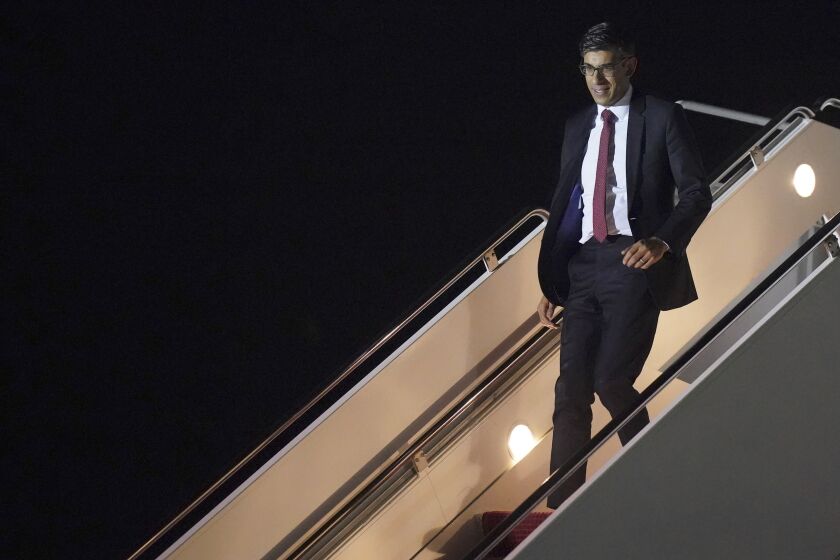 Britain's Prime Minister Rishi Sunak arrives at Andrews Air Force Base, Md., ahead of his visit to Washington, D.C. Tuesday, June 6, 2023. (Niall Carson/Pool Photo via AP)