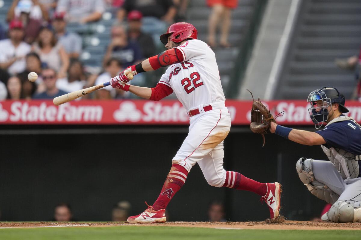 The Angels' David Fletcher doubles during the second inning July 17, 2021.