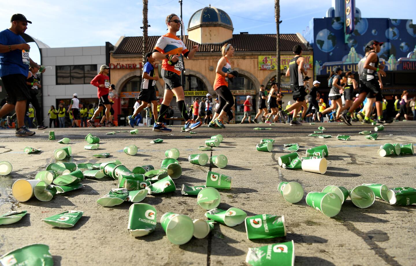 Discarded water cups along Hollywood Blvd. during the L.A. Marathon.