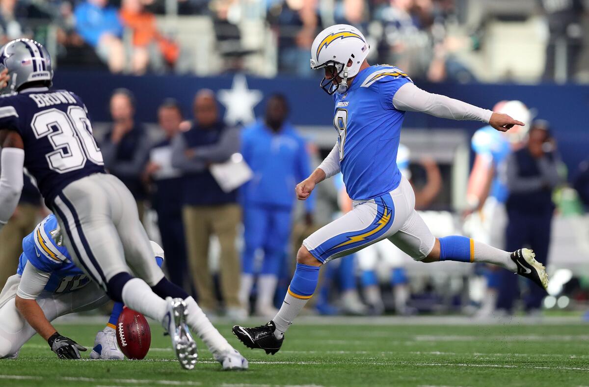 Former Chargers kicker Nick Novak, shown in 2017 game, is new coach at Maranatha Christian.