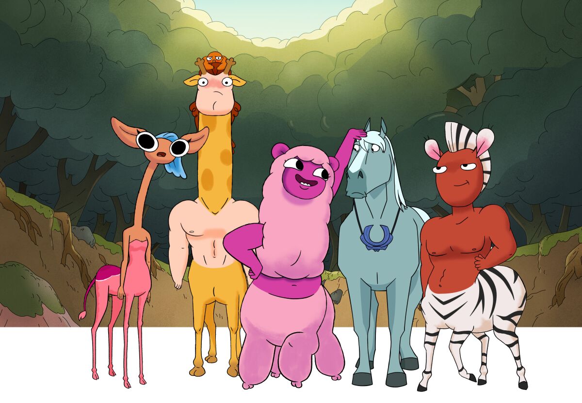 animated gerenuk centaur, giraffe centaur, bird centaur, llama centaur, horse and zebra centaur standing together