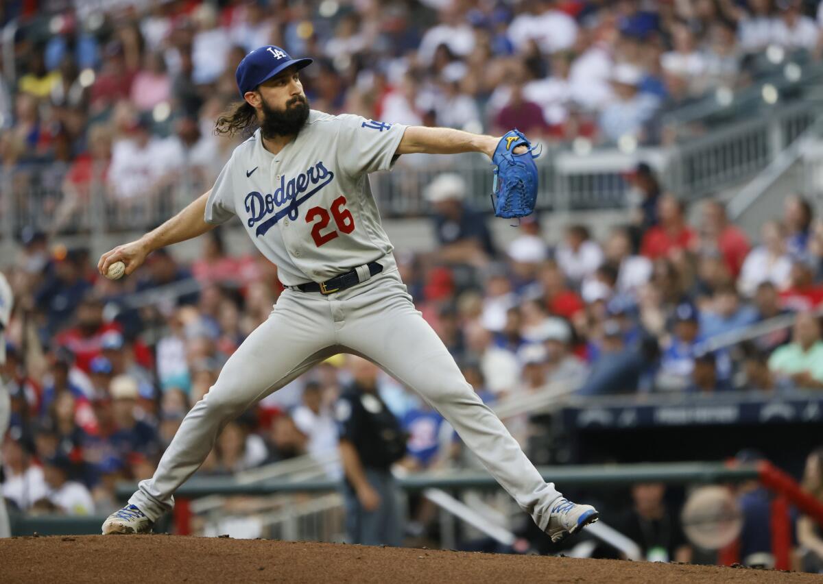 Dodgers starting pitcher Tony Gonsolin delivers against the Atlanta Braves in the first inning.