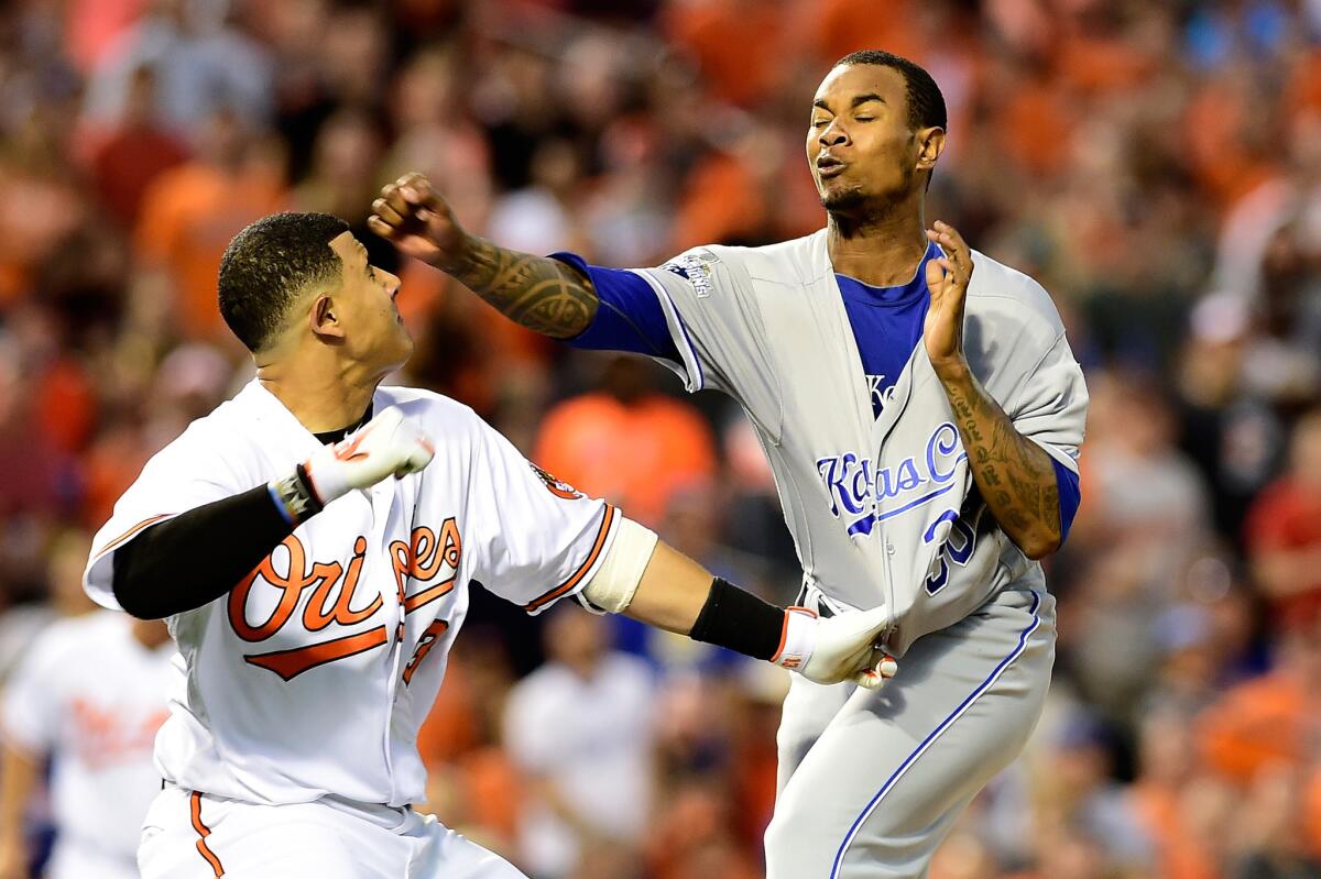 Orioles infielder Manny Machado (13) and Royals pitcher Yordano Ventura (30) fight in the fifth inning of a game at Camden Yards on June 7.
