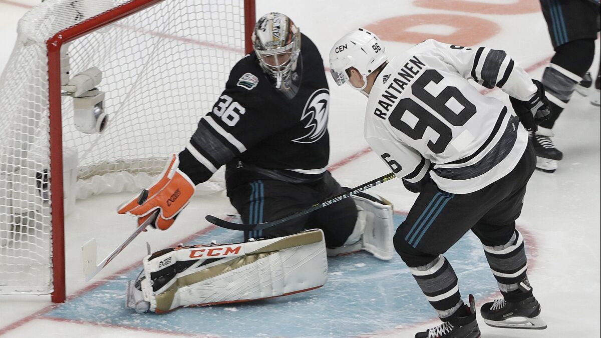 Central Division's Mikko Rantanen (96) scores a goal against Pacific Division's John Gibson during the NHL All-Star Game in San Jose on Saturday.