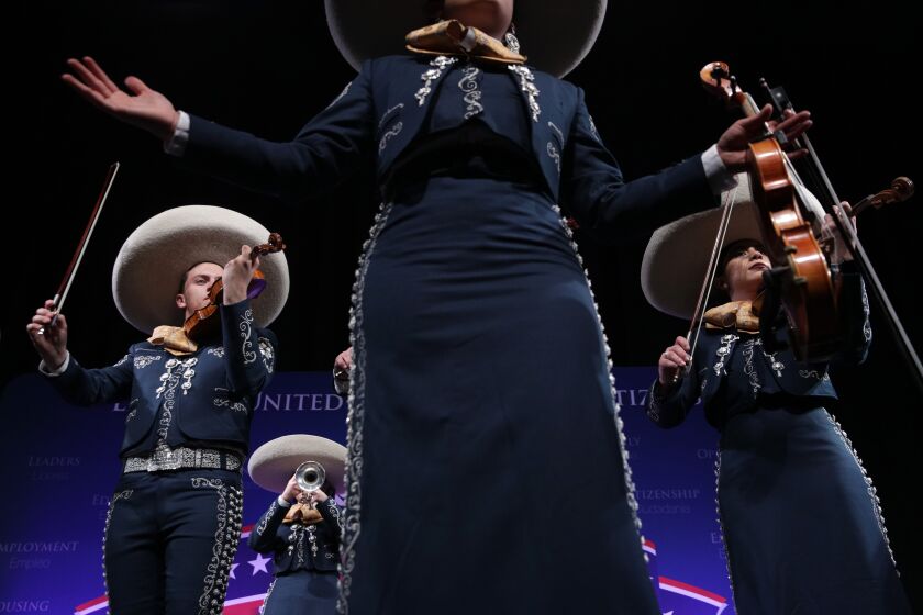 NORTH LAS VEGAS, NEVADA - FEBRUARY 13: A mariachi band performs prior to a LULAC Presidential Town Hall at The College of Southern Nevada February 13, 2020 in North Las Vegas, Nevada. League of United Latin American Citizens held the presidential town hall with Democratic presidential candidates “to address Latino issues for the almost half a million eligible Latino voters in Nevada.” (Photo by Alex Wong/Getty Images)