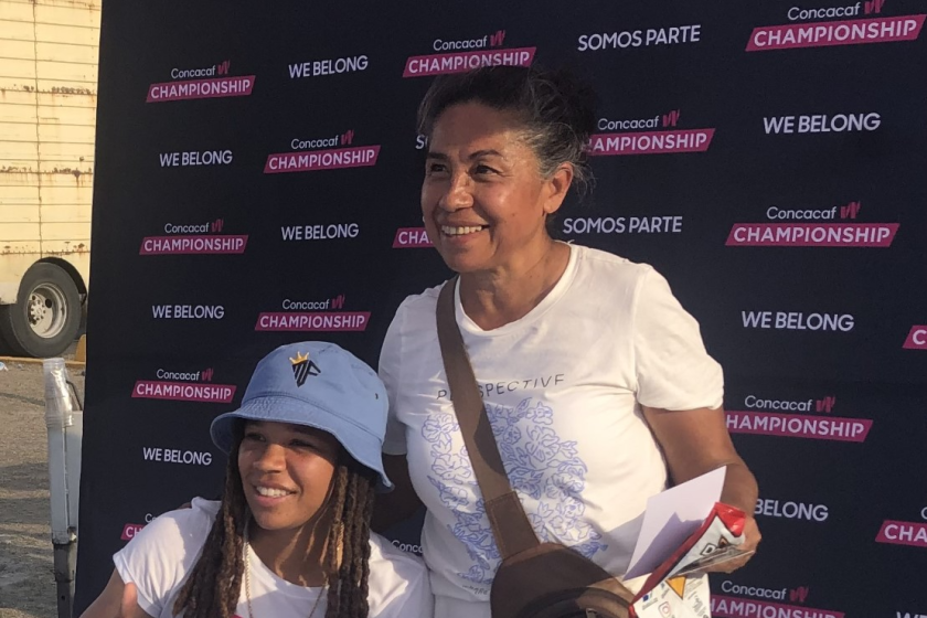 Tigres’ forward Mia Fishel meets her fans outside Estadio Universitario in Monterrey