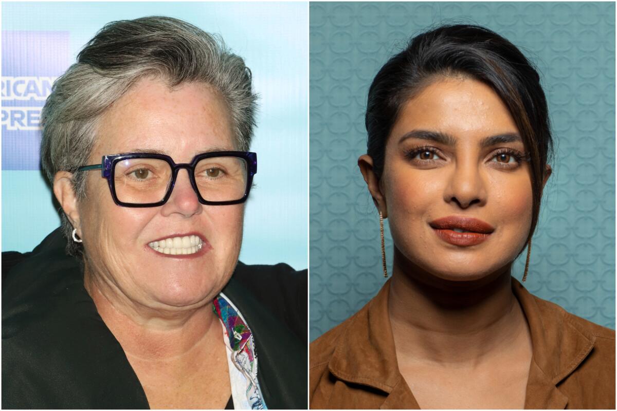 A split image of Rosie O'Donnell wearing glasses, left, and Priyanka Chopra wearing a brown shirt