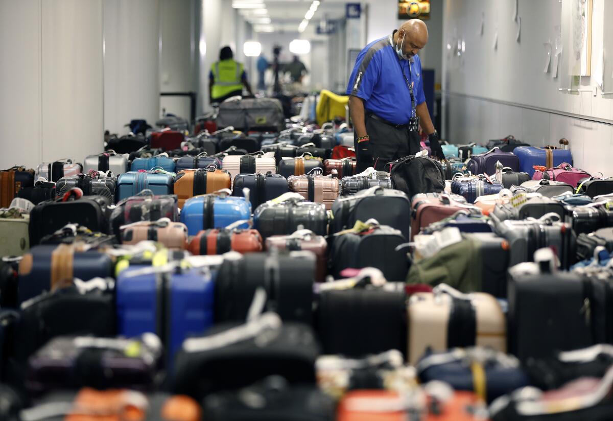Rows of luggage at Southwest Airlines baggage claim 