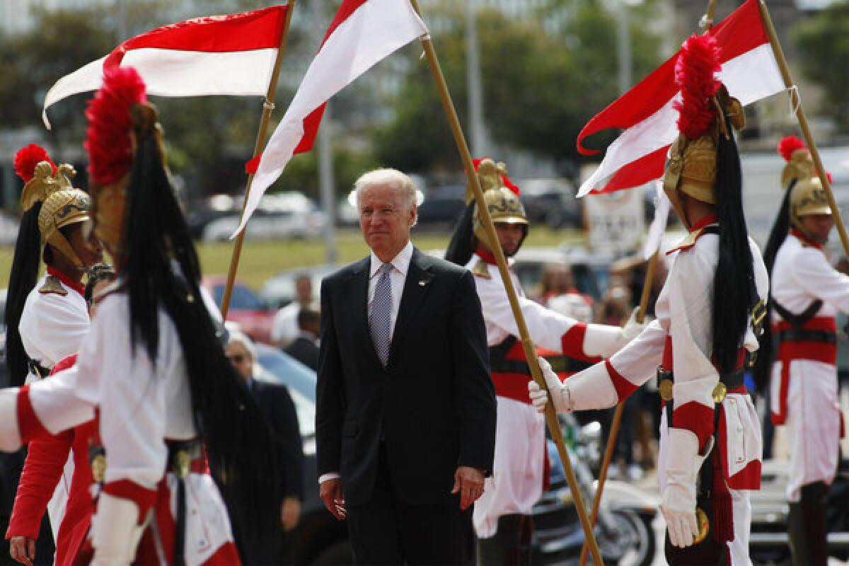 Vice President Joe Biden arrives at the Itamaraty Palace in Brasilia on Friday to meet with Brazilian Vice President Michel Temer.