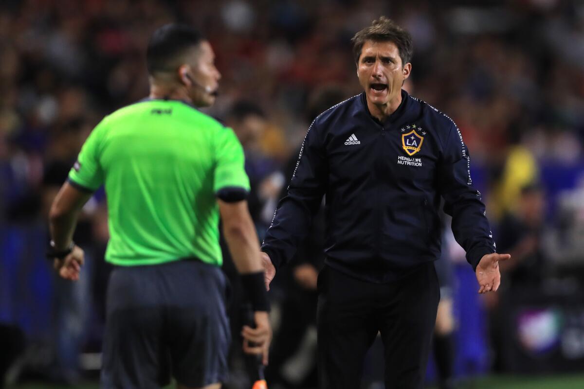 CARSON, CALIFORNIA - JULY 23: Manager Guillermo Barros Schelotto of the Los Angeles Galaxy disputes call during the second half of the quarterfinal match of the 2019 Leagues Cup against Tijuana at Dignity Health Sports Park on July 23, 2019 in Carson, California. (Photo by Sean M. Haffey/Getty Images) ** OUTS - ELSENT, FPG, CM - OUTS * NM, PH, VA if sourced by CT, LA or MoD **