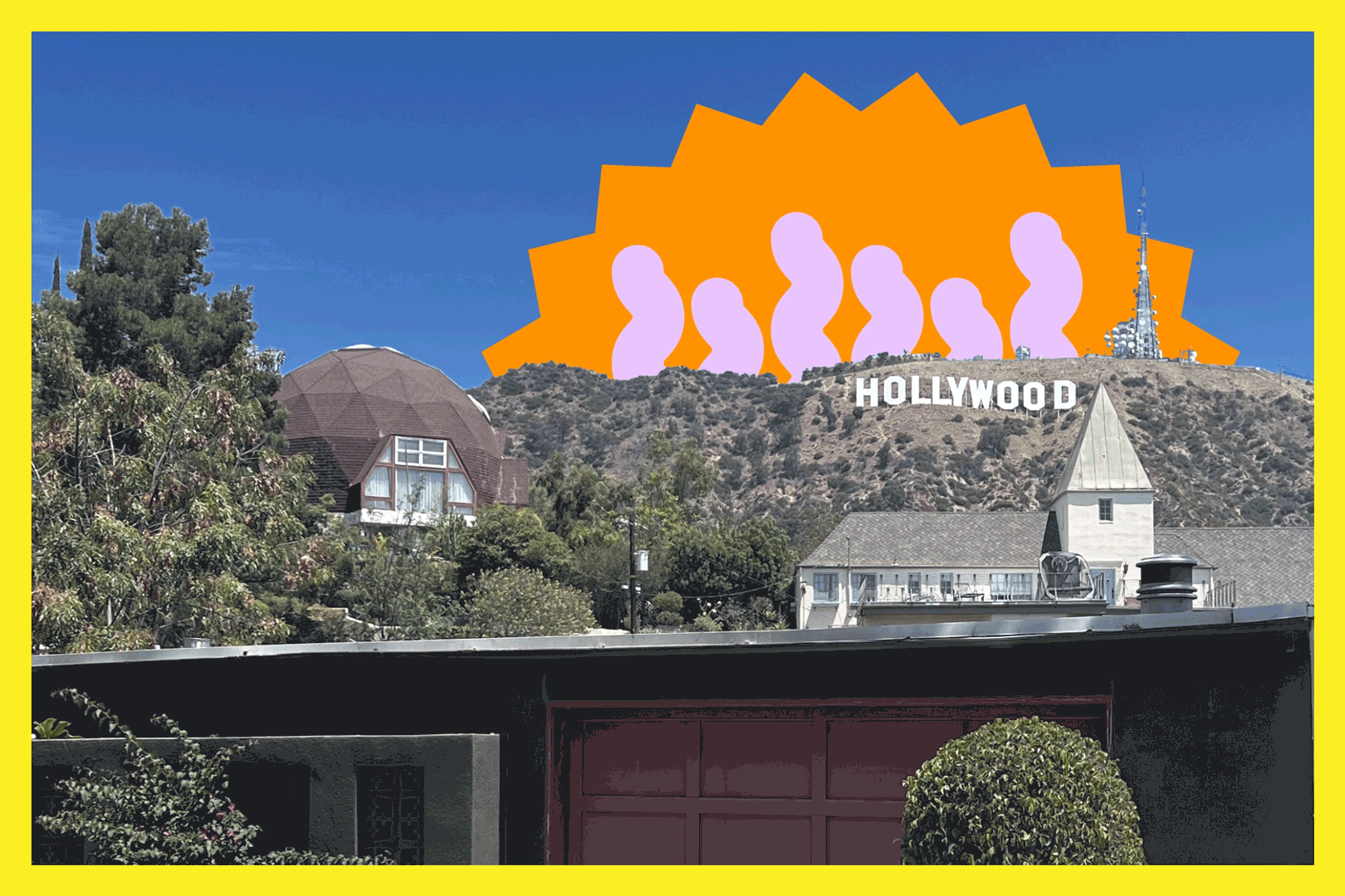 The exterior of a house with the Hollywood sign on the hill in the background and an animated sun