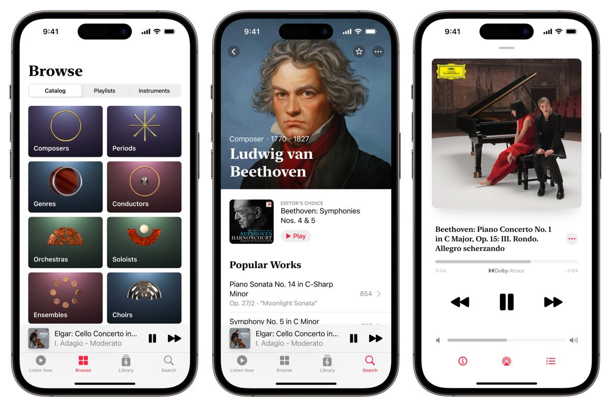 Three smartphones displaying screens from Apple Music Classical, including a Beethoven page