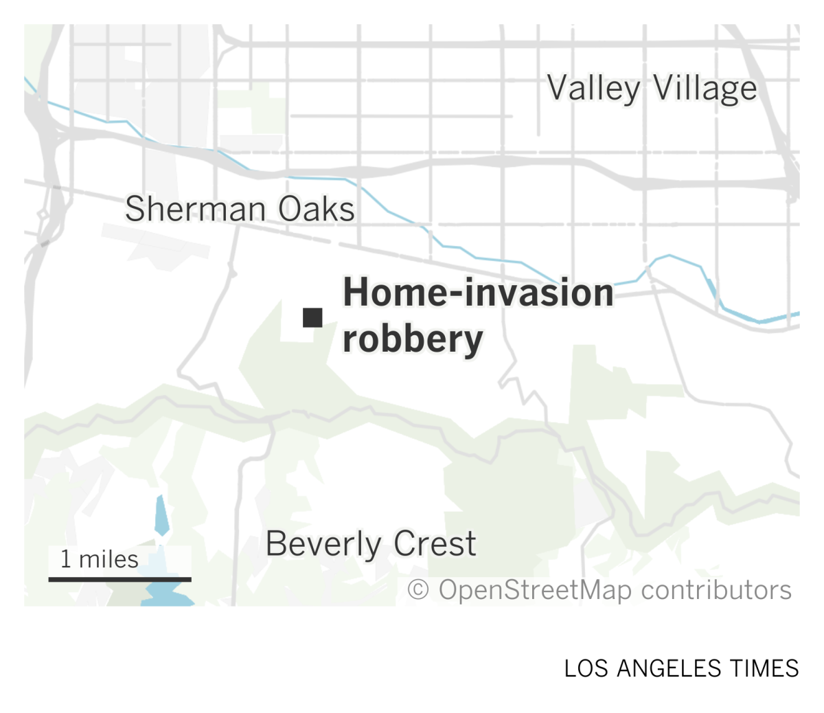 A map of the San Fernando Valley showing the site of a home-invasion robbery near Sherman Oaks