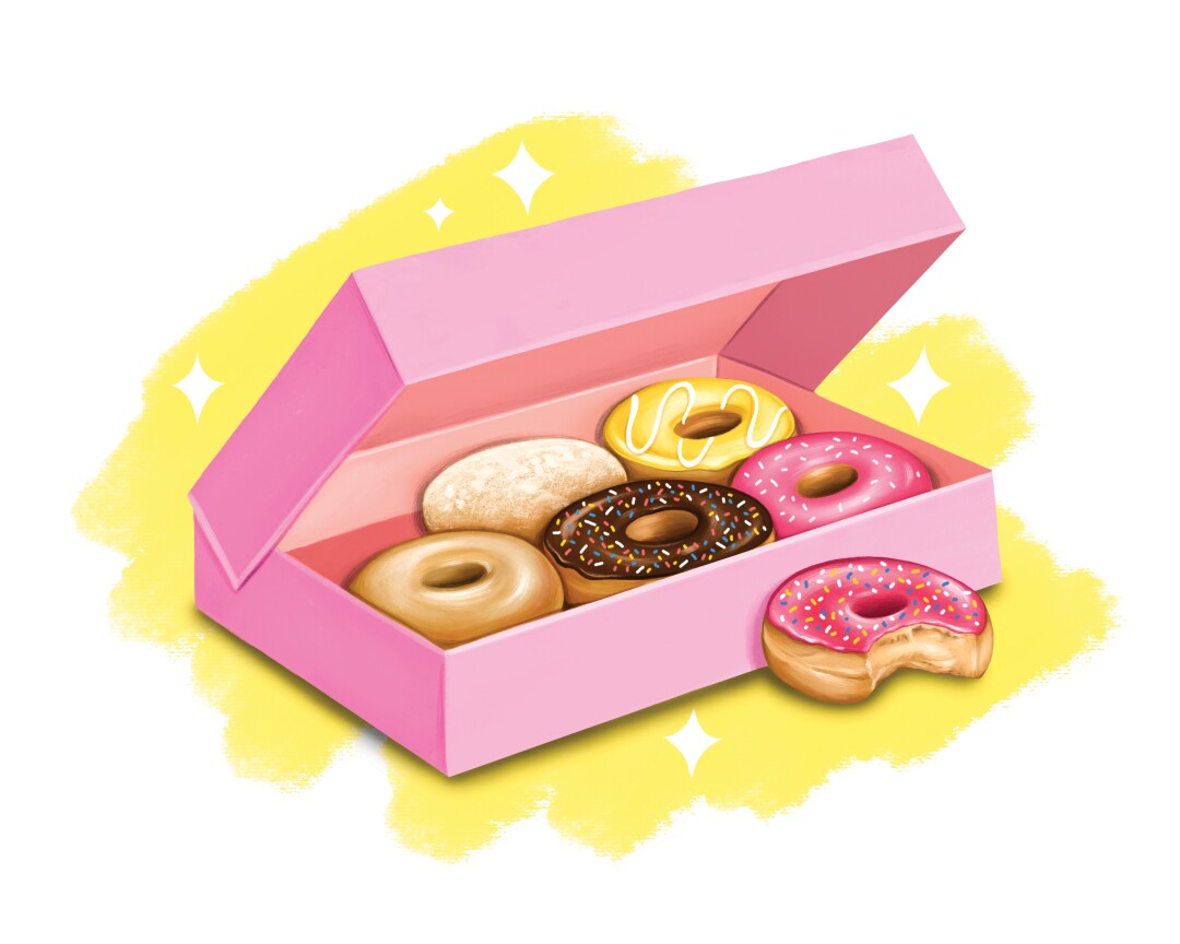 An illustration of doughnuts in a pink box