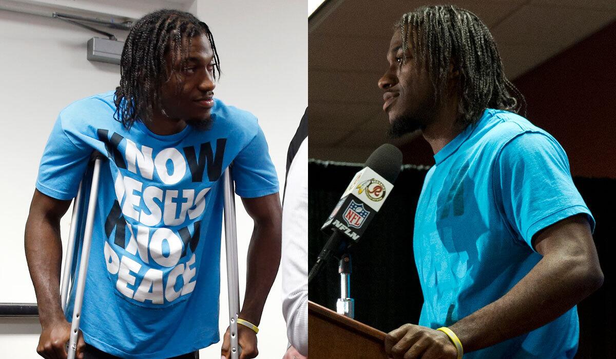 Washington quarterback Robert Griffin III turned his religious-themed shirt inside-out before addressing the media Sunday.