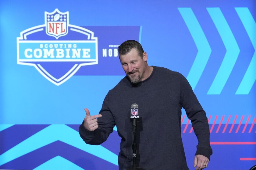 Detroit Lions head coach Dan Campbell speaks during a press conference at the NFL football scouting combine in Indianapolis, Wednesday, March 1, 2023. (AP Photo/Michael Conroy)