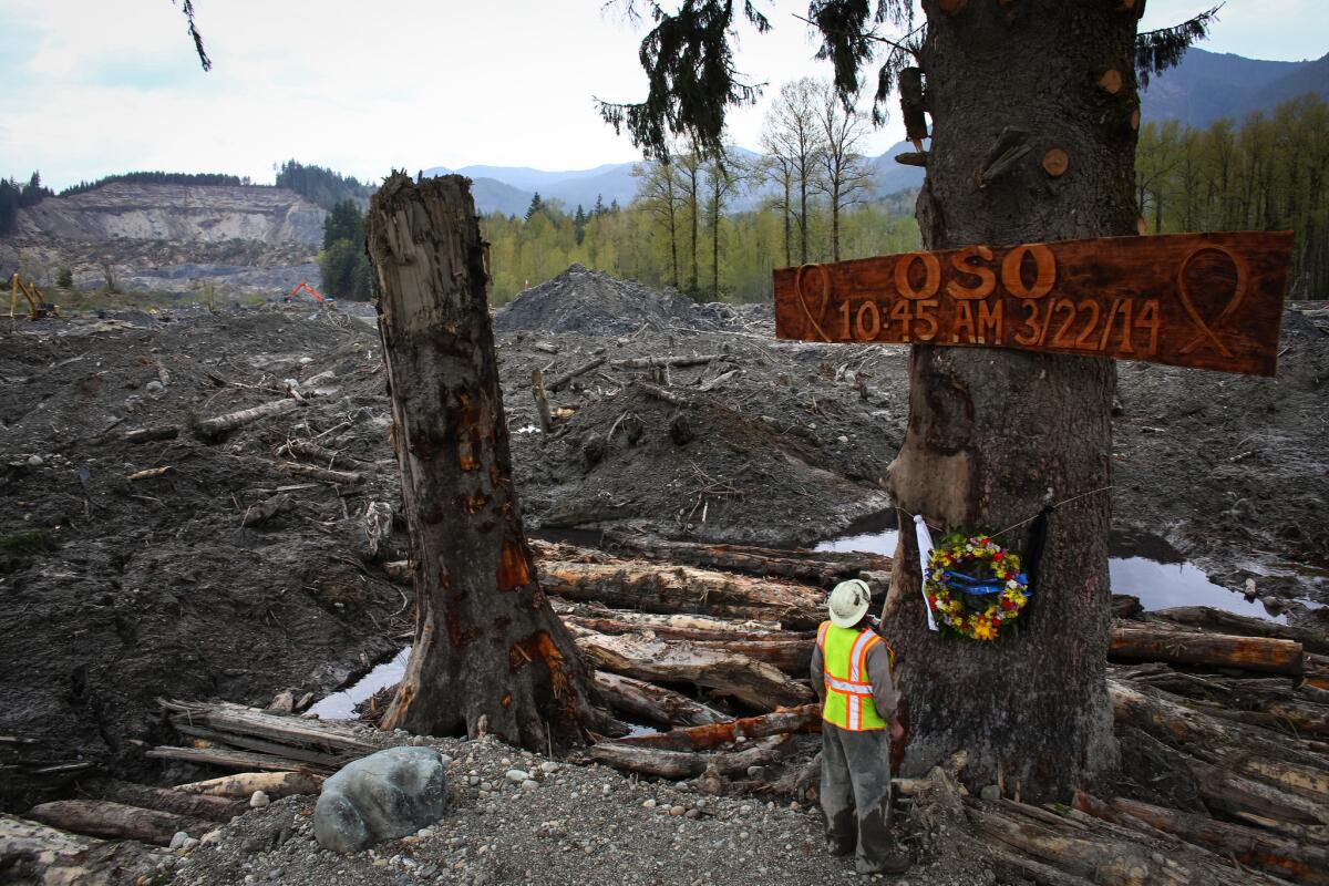 Ben Woodward looks up at a sign commemorating the moment the Oso, Wash., landslide struck