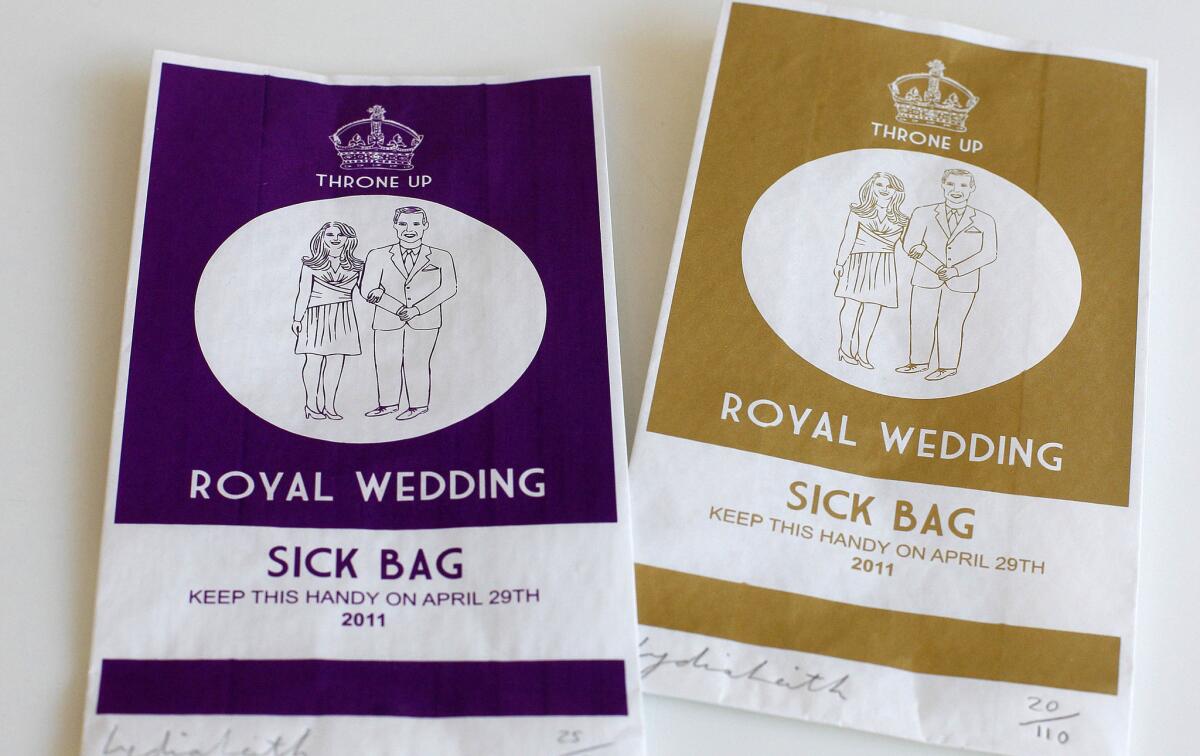 March 25, 2011: Airline-style sickness bags are specially commissioned for people who have had too much of the royal wedding.
