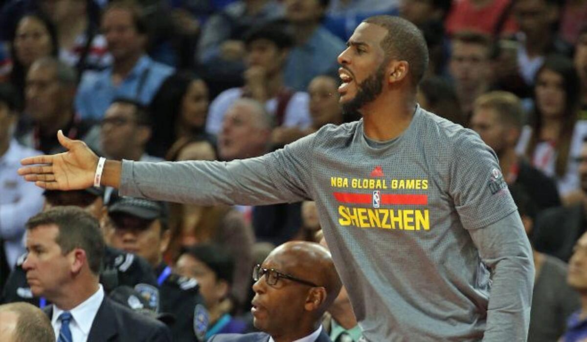 Clippers point guard Chris Paul shouts during a game against the Hornets in Shenzhen, China on Sunday.