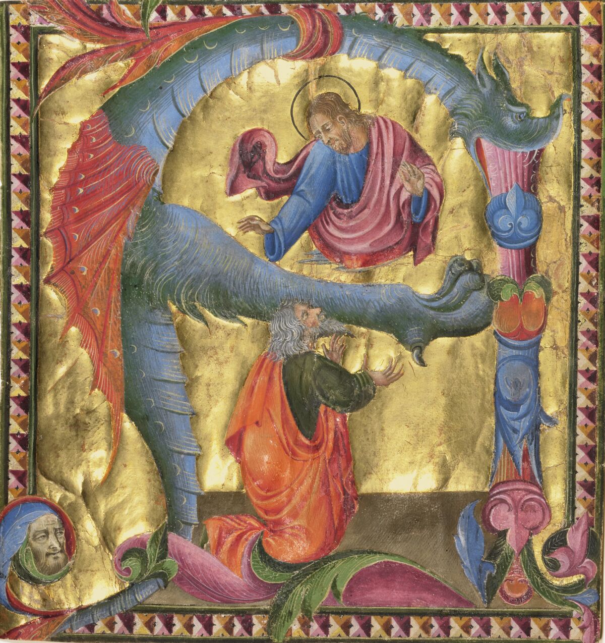 "Initial A: Christ Appearing to David" by Giovanni di Paolo, about 1440, tempera colors, gold leaf and ink on parchment. (J. Paul Getty Museum)
