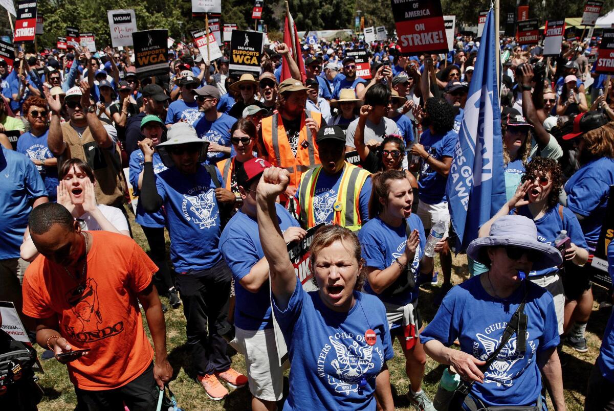 Thousands of union members and supporters rally near the La Brea Tar Pits 