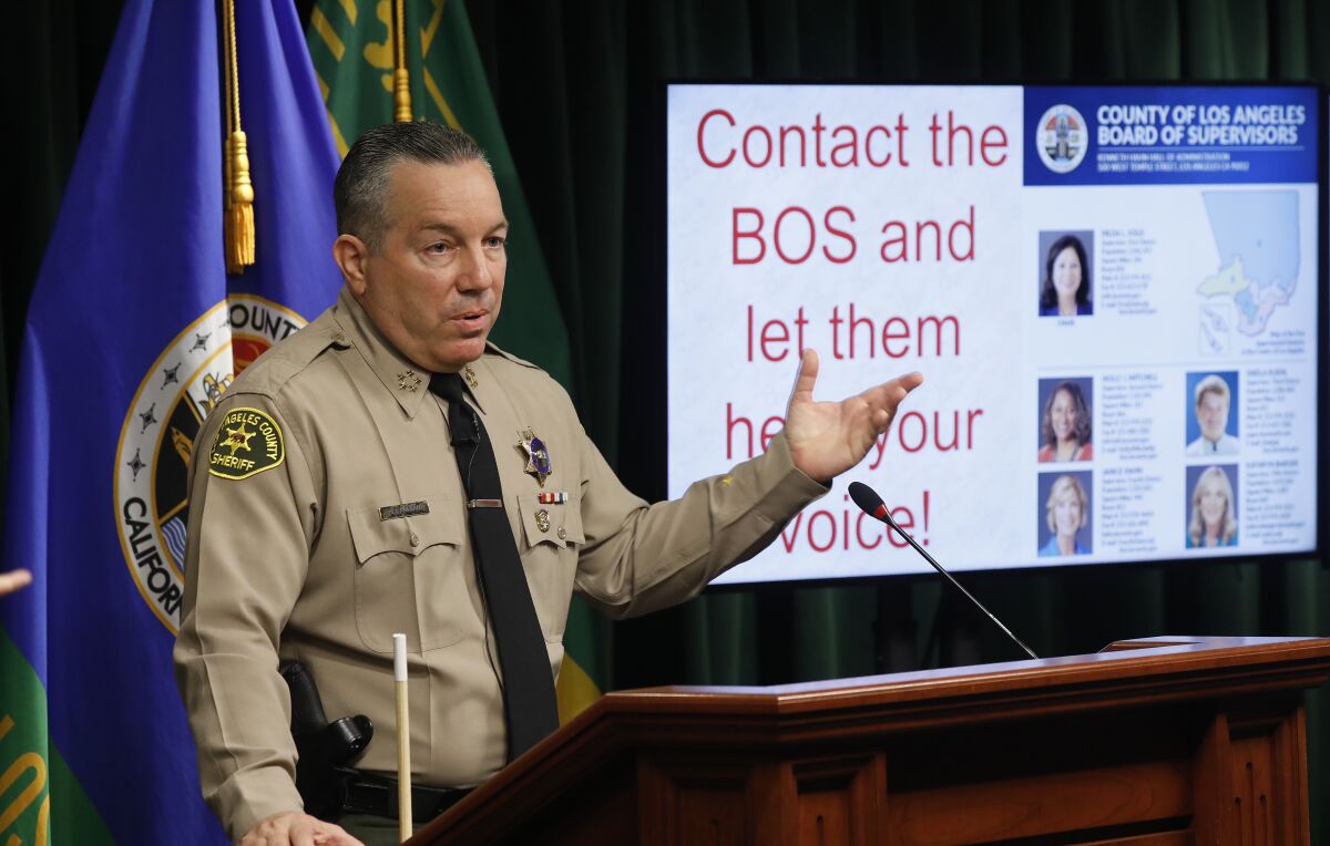 L.A. County Sheriff Alex Villanueva speaks at a news conference about alleged deputy gangs on Sept. 22. 