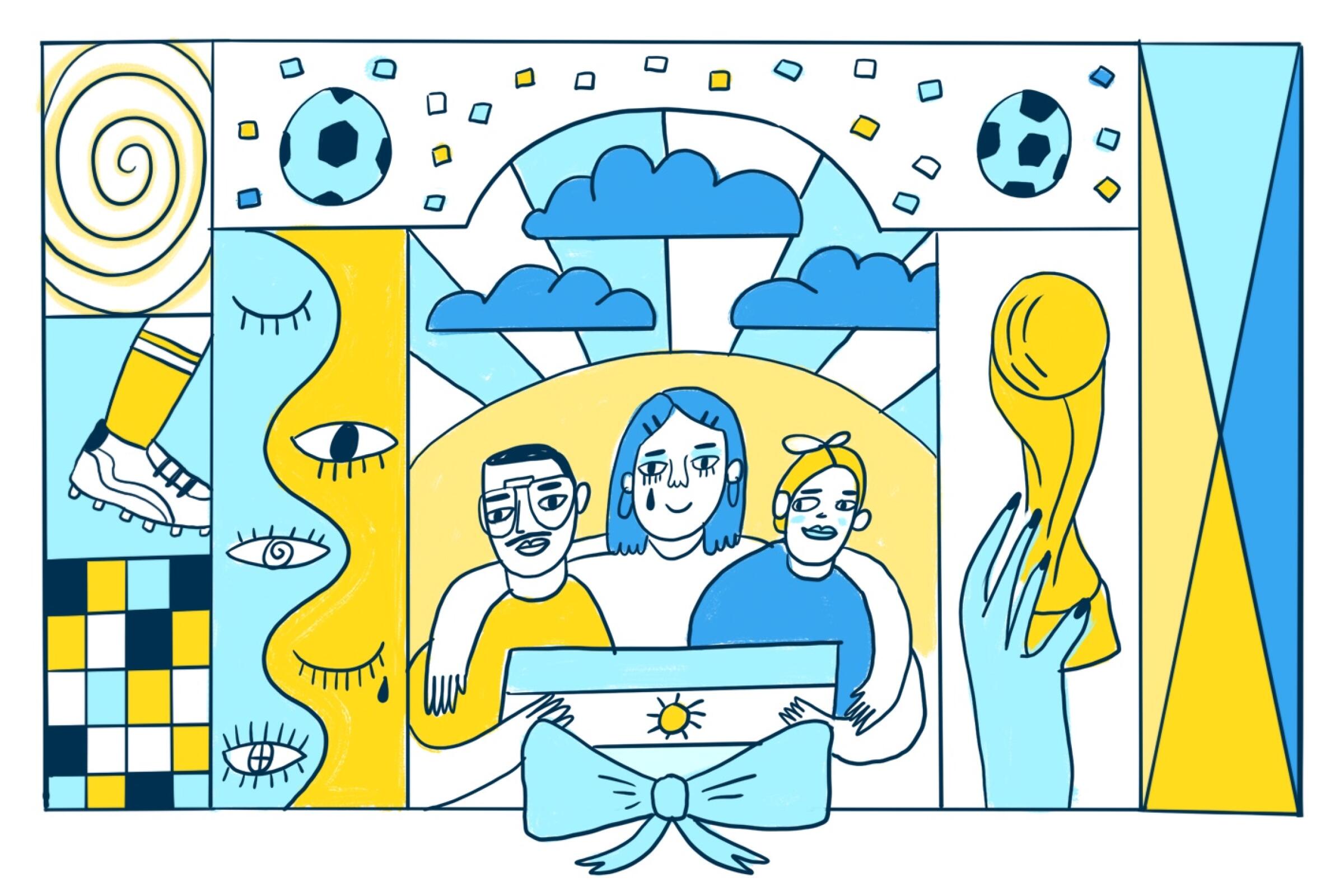 An illustration collage of a family with Argentina flag, soccer balls and World Cup trophy 